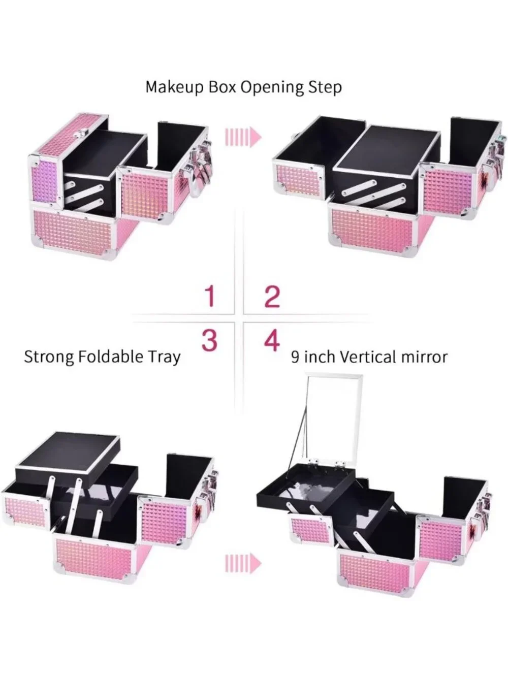 Portable Makeup Organizer with Mirror | Cosmetic Train Case, 2 Trays, Locking